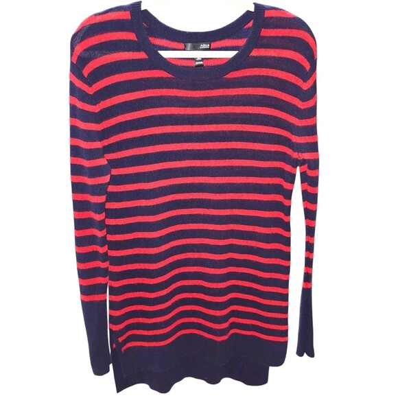 Aqua 100% Cashmere Sweater Navy Blue Red Striped Crew Neck Pullover Size Medium - Picture 1 of 12